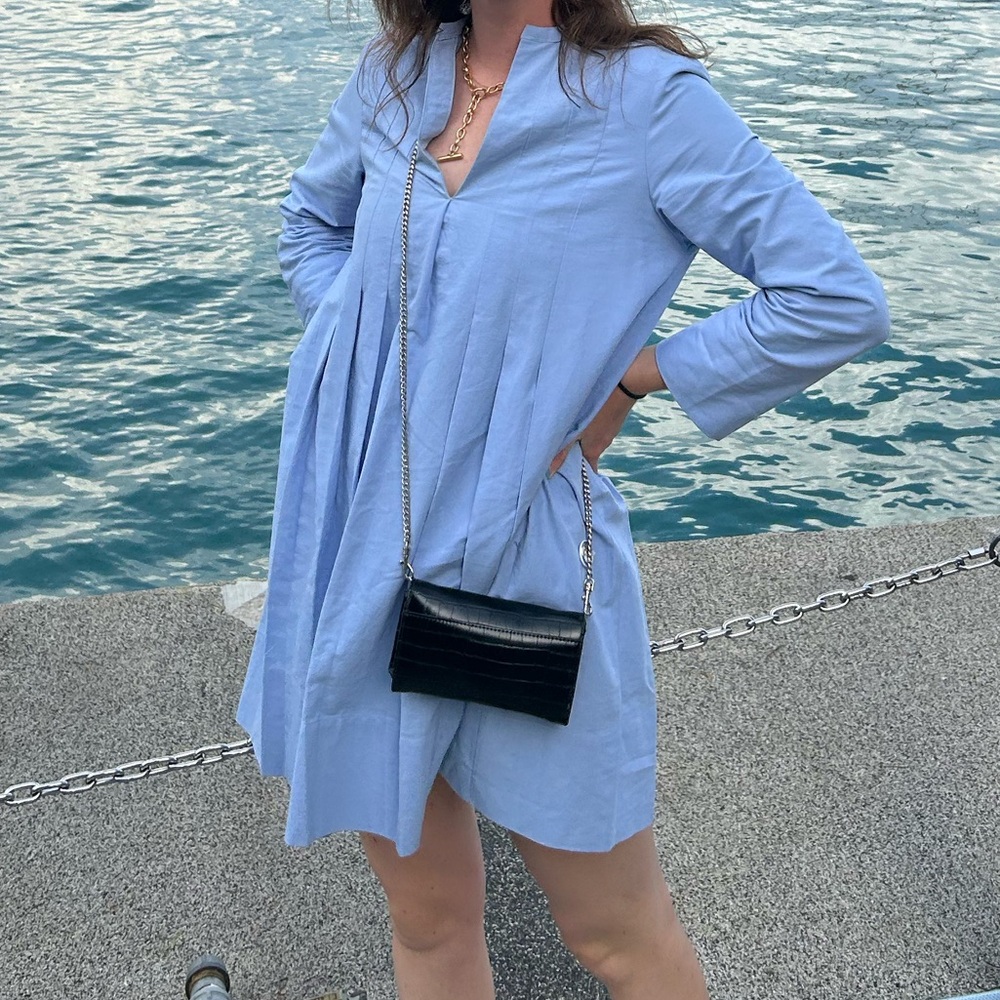 Tuckernuck NEW Sky Blue Luella Pleated Long Sleeve Mini Dress Size Small